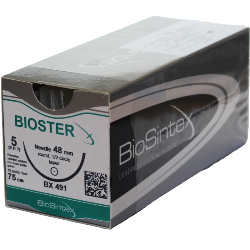 Bioster(BX 490),Поліестер,зелений USP 0 (M3,5),75см, кол. голка 30 мм,1/2 кола